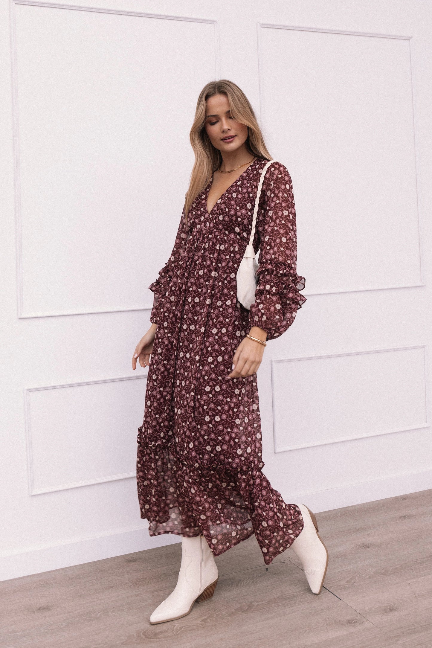 Evian Long Sleeve Maxi Dress - Burgundy Multi