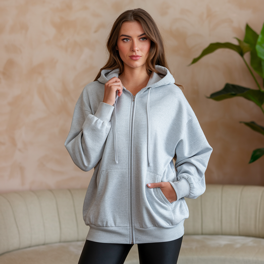 Cardigan à capuche zippé surdimensionné gris pour femme – Doux, élégant et facile à superposer